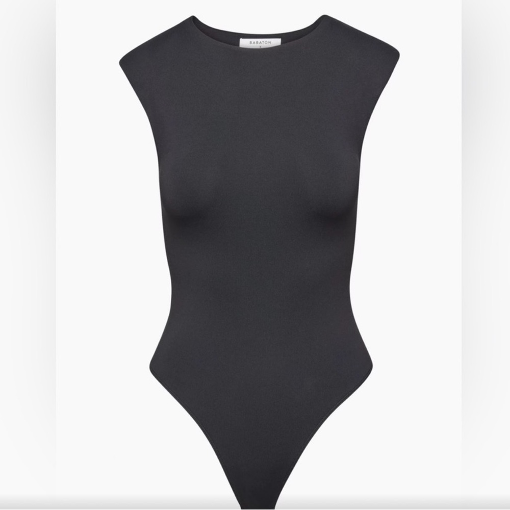 Black bodysuit mock neck shoulder pad